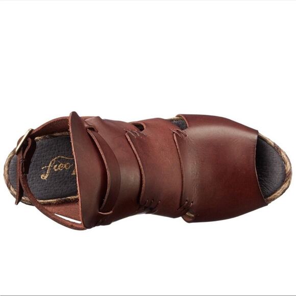 FP FREE PEOPLE Burgundy Brown Leather Vachetta Rose Wedge Sandals Tan Rope 8.5 - Picture 15 of 16